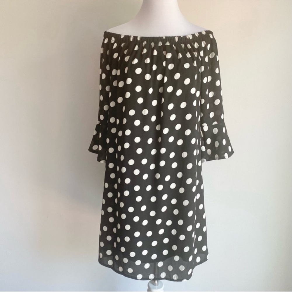 NWT City Streets Black White Polka Dots 3/4 Bell Sleeves Mini Dress
